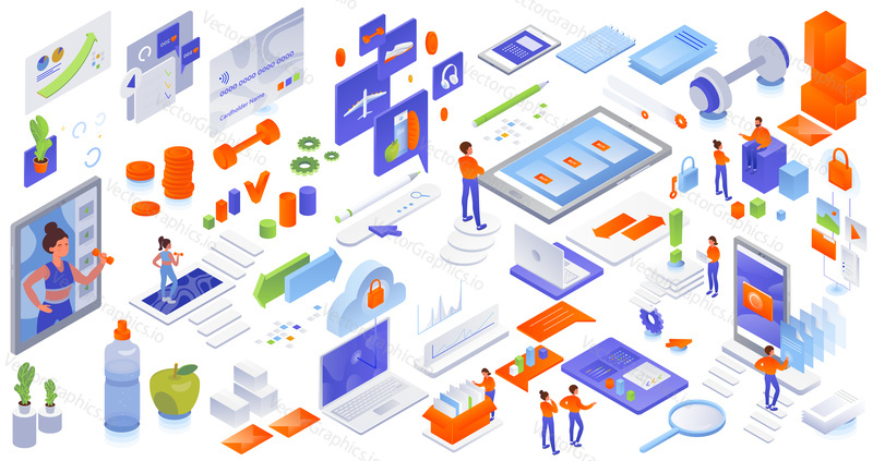 Online store, fitness ecommerce, cloud computing and data synchronization services, flat vector isometric icon set.