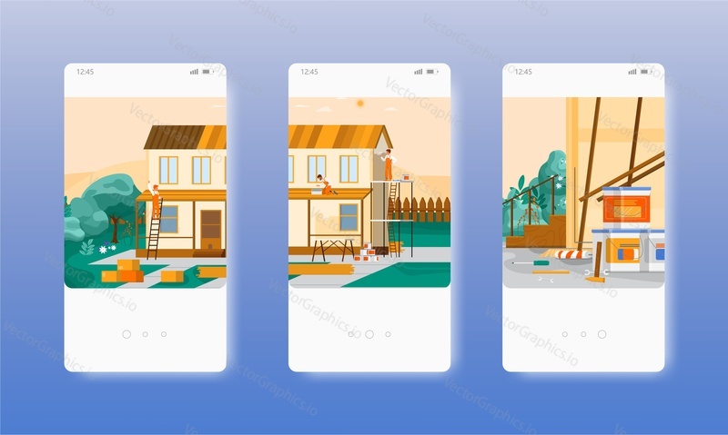 House repair. Home renovation, roof reconstruction and repair service. Mobile app screens. Vector banner template for website and mobile development. Web site and UI design illustration.