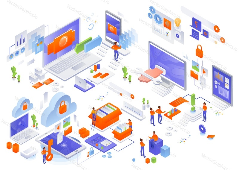 Network management, flat vector isometric icon set. Cloud storage, data synchronization, technical support services.