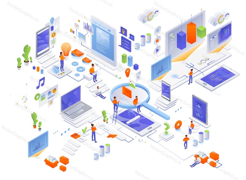 Data management, creating website content, searching for information, flat vector isometric icon set.