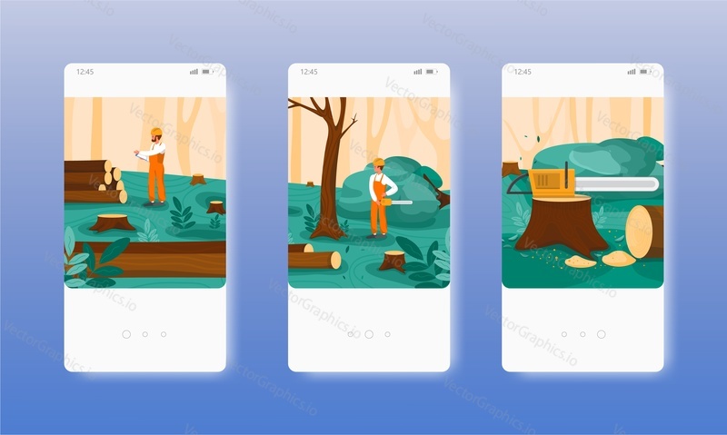 Logger cutting tree with chainsaw. Logging. Forestry. Wood or lumber industry. Mobile app screens. Vector banner template for website and mobile development. Web site and UI design illustration.