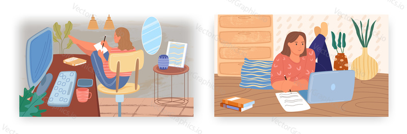 E-learningový design vstupní stránky, sada šablon webových stránek, ilustrace plochého vektoru. Studenti, ženské postavy studující vzdáleně z domova. Online vzdělávání. Distanční vzdělávání.