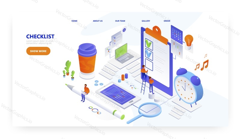 Kontrolní seznam, design vstupní stránky, šablona banneru webu, izometrická ilustrace plochého vektoru. Lidé v kanceláři označují dokončené úkoly na seznamu úkolů nebo kontrolním seznamu ve schránce. Správa úloh.