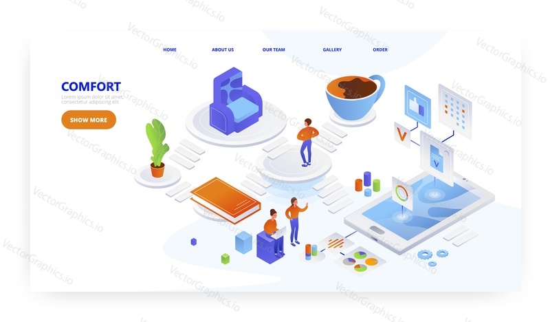 Comfort, landing page design, website banner template, flat vector isometric illustration. Home comfort app.
