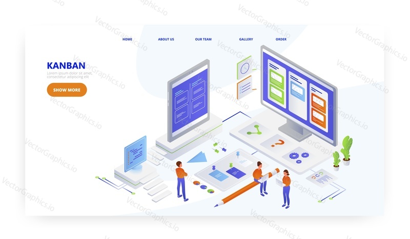 Kanban, design vstupní stránky, šablona banneru webu, izometrická ilustrace plochého vektoru. Scrum nebo Kanban task board, agilní vývoj softwaru.