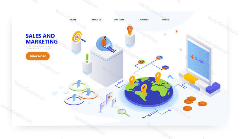 Prodej a marketing, design vstupní stránky, šablona banneru webových stránek, izometrická ilustrace plochého vektoru. Prodej a propagace produktů. Digitální marketing.
