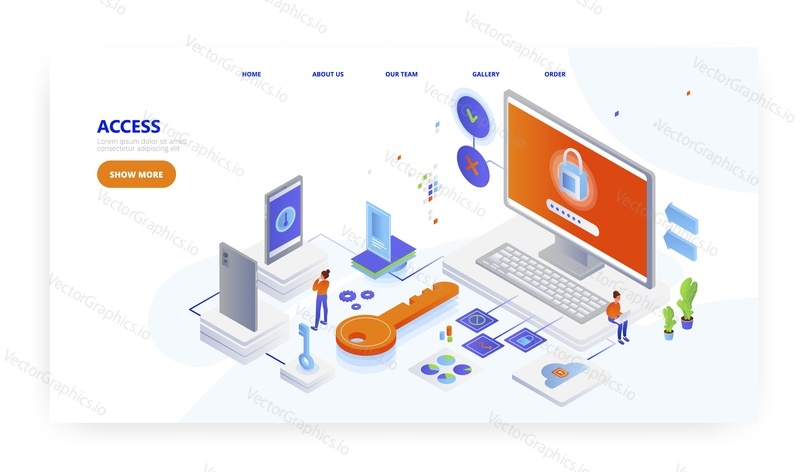 Přístup, design vstupní stránky, šablona banneru webu, izometrická ilustrace plochého vektoru. Bezpečné přihlašovací údaje k heslu pro přístup k aplikacím a účtům.