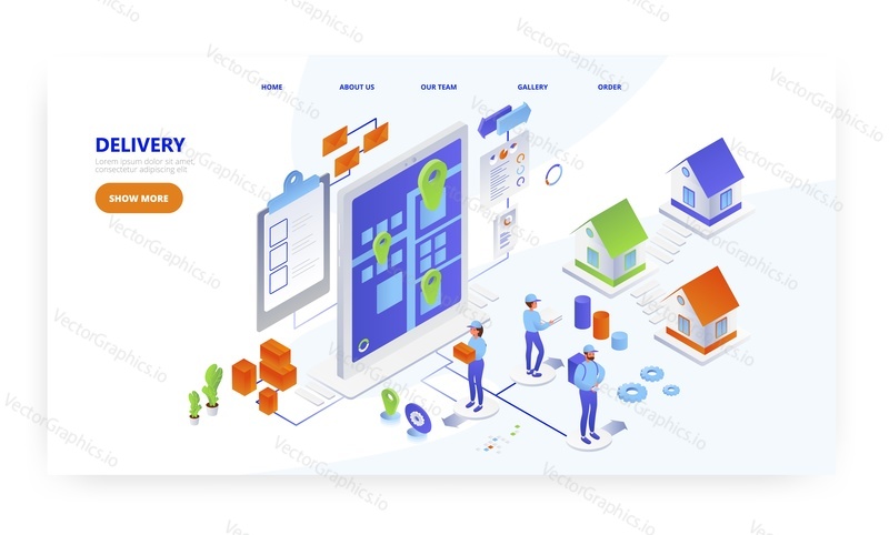 Delivery, landing page design, website banner template, flat vector isometric illustration. Online home delivery service.