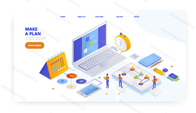 Vytvořte plán, design vstupní stránky, šablonu banneru webu, izometrickou ilustraci plochého vektoru. Plánovač. Plán. Správa úloh.