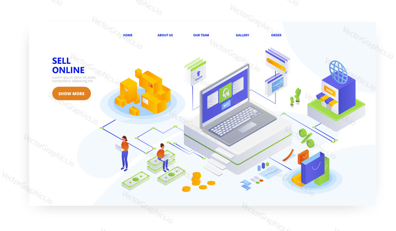 Prodávejte online, design vstupní stránky, šablonu banneru webu, izometrickou ilustraci plochého vektoru. Elektronický obchod, maloobchod, online obchodník.