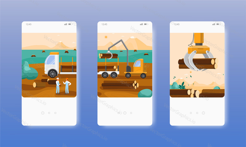 Timber transportation. Forestry, woodworking, wood or lumber industry. Mobile app screens. Vector banner template for website and mobile development. Web site and UI design illustration.