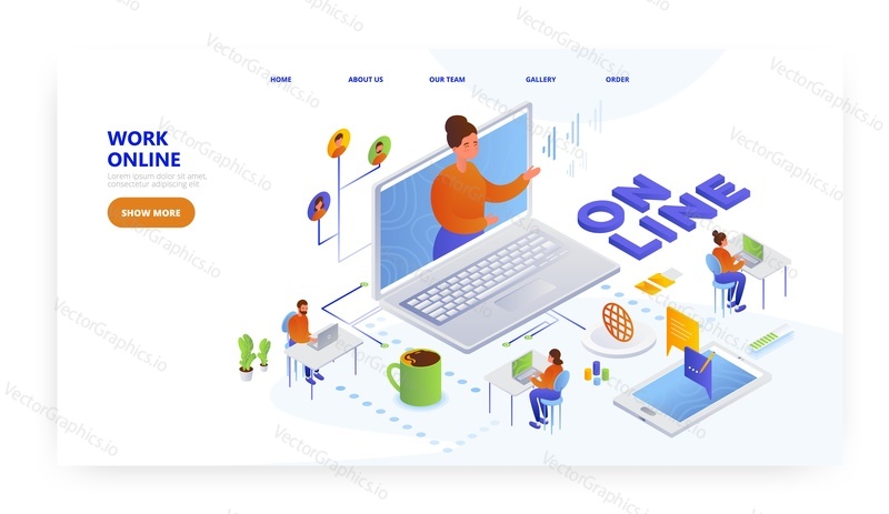 Work online, landing page design, website banner template, flat vector isometric illustration. Home office, remote work.