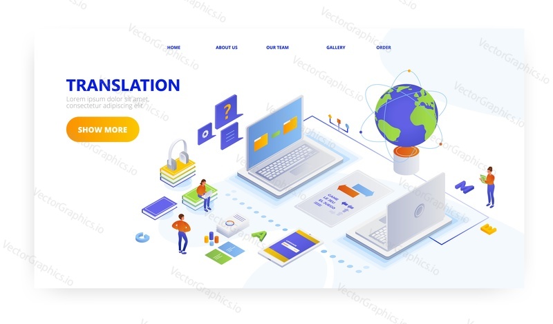 Překlad, design vstupní stránky, šablona banneru webu, izometrická ilustrace plochého vektoru. Online překladatelské služby. Výuka cizích jazyků.
