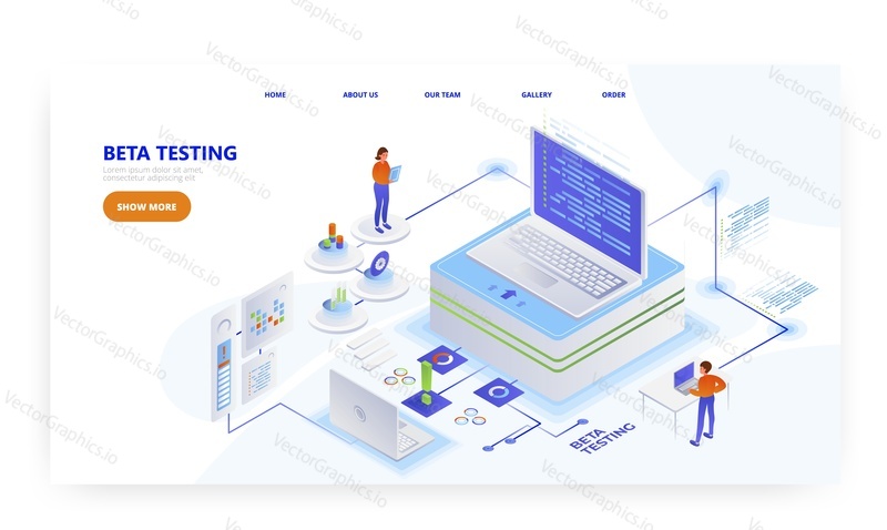 Beta testing, landing page design, website banner template, flat vector isometric illustration. Software testing and quality assurance.