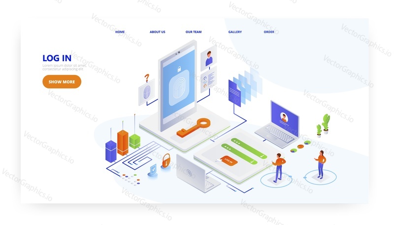Přihlaste se, Design vstupní stránky, šablona banneru webu, izometrická ilustrace plochého vektoru. Autorizace přihlášení, heslo, přístup k osobnímu účtu.