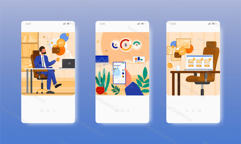 Collector buying NFT crypto art. Non-fungible token. Mobile app screens. Vector banner template for website and mobile development. Web site and UI design illustration.