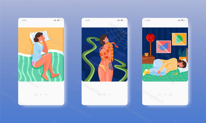 Woman suffering from nightmares. Bad dream, fear, anxiety, despair. Sleep disorder. Mobile app screens. Vector banner template for website and mobile development. Web site and UI design illustration.