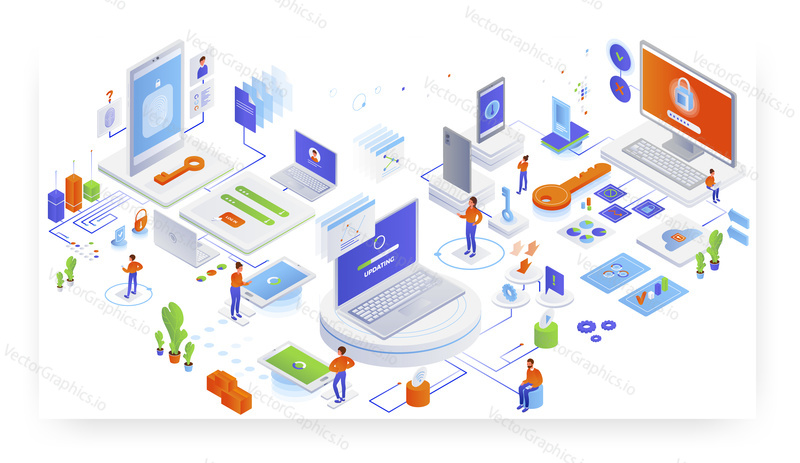 Operating system upgrade. Software, app update, flat vector isometric illustration. Bug fixes, software version changes.