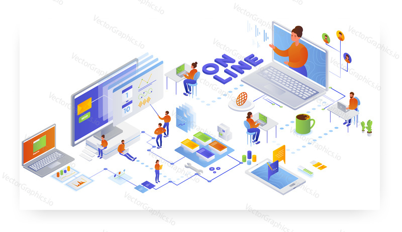 Online výuka a doučování, izometrická ilustrace plochého vektoru. Webinář, online vzdělávání, seminář, distanční vzdělávání, vzdálená výuka.