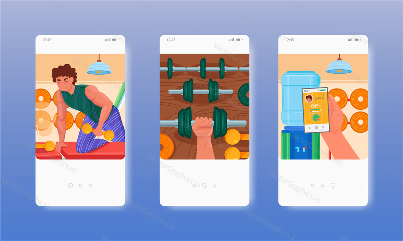 Powerlifting, weightlifting, bodybuilding, strength gym workout. Mobile app screens. Vector banner template for website and mobile development. Web site and UI design illustration.
