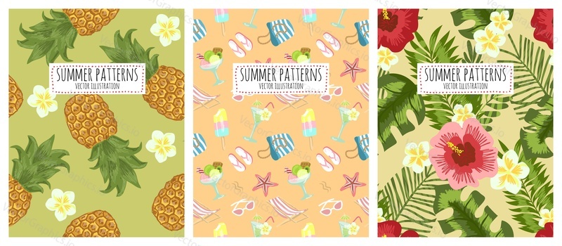 Symmer brach vacation seamless pattern. Vector set of floral background patterns. Pineapple fruit, resort vacation elements, mirabilis flowers.