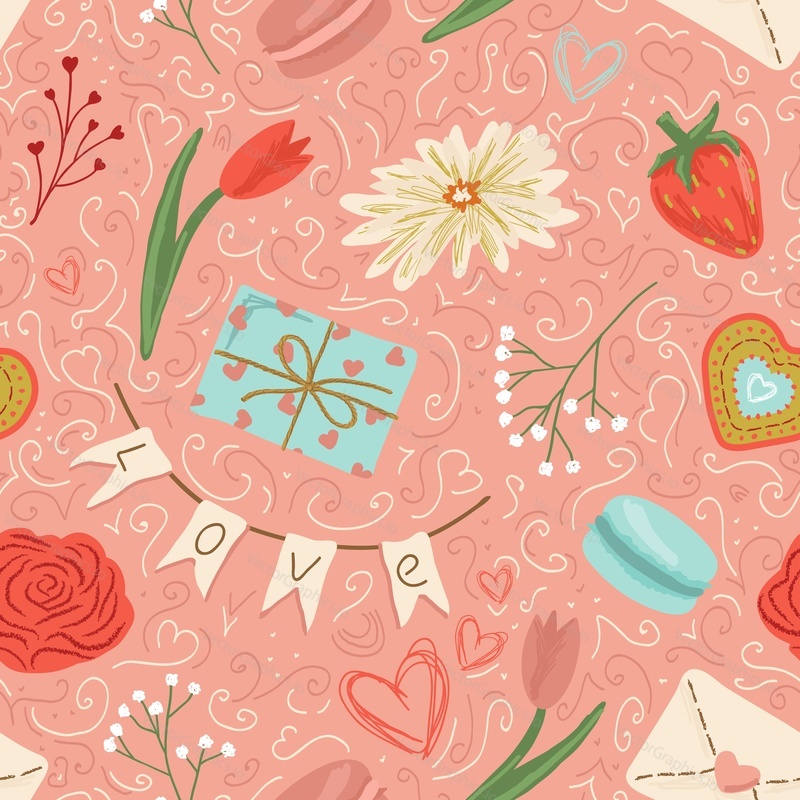 Valentines Day bezešvé vzor, vektorové ilustrace. 14. února Valentýna design dekorace pozadí s květinami, cukroví, dopis.