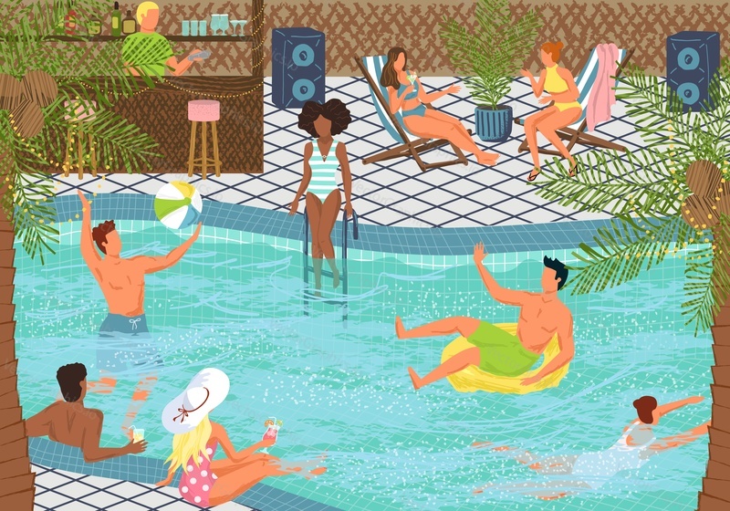 Pool party concept vector illustration. People enjoy summer vacation at poolside. Happy people swim in swiming pool in holiday resort. Hand drawn poll party poster.