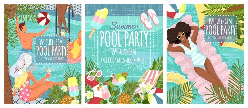 Pool party concept vector illustration. Summer vacation at poolside. Happy people swim in swiming pool. Hand drawn poll party posters set.