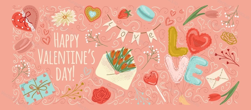 Vealentines day plakát a karta, ručně kreslená vektorová ilustrace. 14. února Valentýna design dekorace pozadí s květinami, cukroví, dopis.