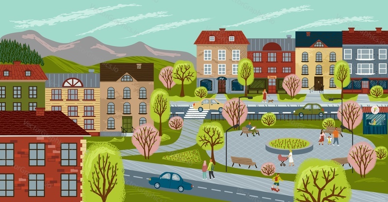City life concept vector illustration. Cityscape hand drawn poster with streets, people, cars, cute houses and trees on a town square. Urban landscape, city buildings, summer park.