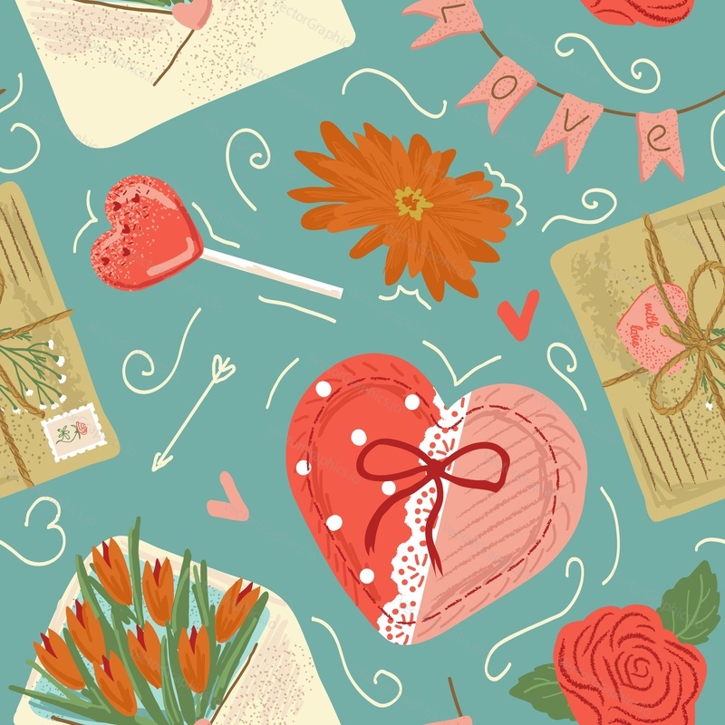 Valentines Day bezešvé vzor, vektorové ilustrace. 14. února Valentýna design dekorace pozadí s květinami, cukroví, dopis.