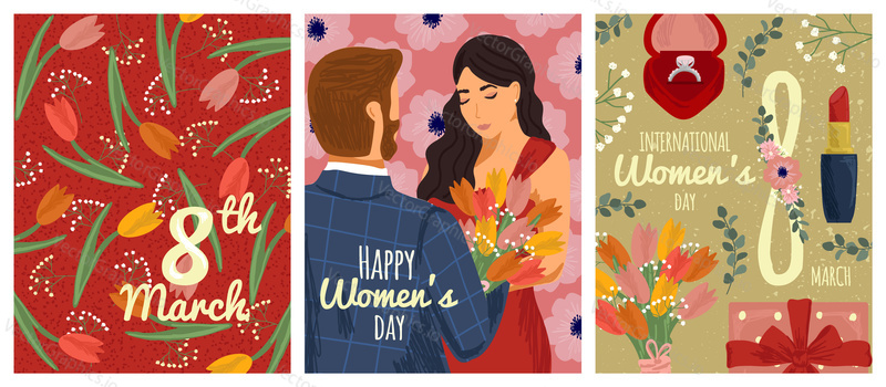 Mezinárodní den žen plakáty a karty, vektorová ilustrační sada. Muž dává květiny kytici ženě. 8 March holiday banner s tulipánem květinovým vzorem pozadí. Happy women day design.