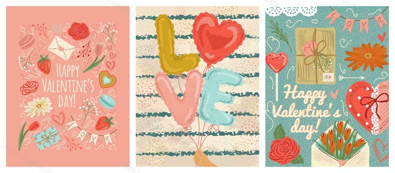 Vealentines day plakáty a karty, vektorová ilustrace. Ruka s balónky v lásce dopisy tvaru. 14 únor Valentýn design pozadí.