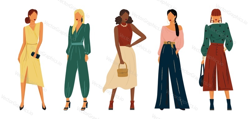 Módní modely v designu oblečení vektor ručně kreslené ilustrace. Žena ve stylových šatech sada postav. Figuríny v módním oblečení.