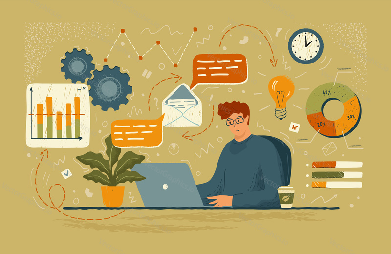 Obchodní muž pracuje s notebookem v kanceláři. Ručně tažené obchodní koncept vektorové ilustrace. Finanční analytik pracuje na počítači s grafy, e-maily, diagramy. Plánování obchodní strategie.