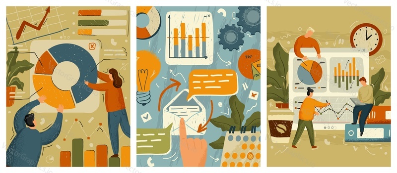 Business team work with dashboard concept vector illustration. Hand drawn set of data analytics posters. People work with data graph, finance reports. Business and office icons design.