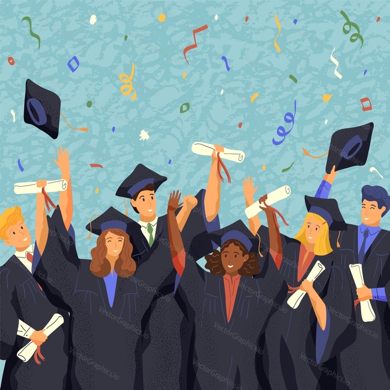 Skupina postgraduálních studentů na sobě šaty a promoční čepici. Vysokoškolští studenti mají diplom a slaví den promoce koncept vektorové ilustrace. Vysokoškolský obřad, akademický titul.