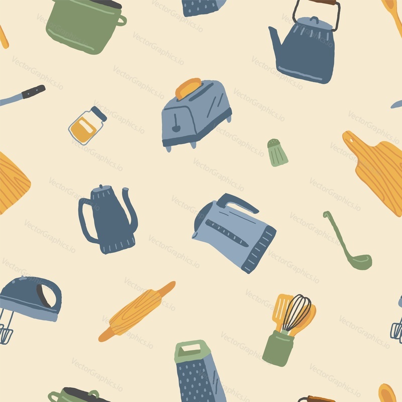 Kitchen appliances seamless pattern. Vector hand drawn illustration. Cooking set with toaster, grater, tea pot, mixer and kettle. Home kitchenware.