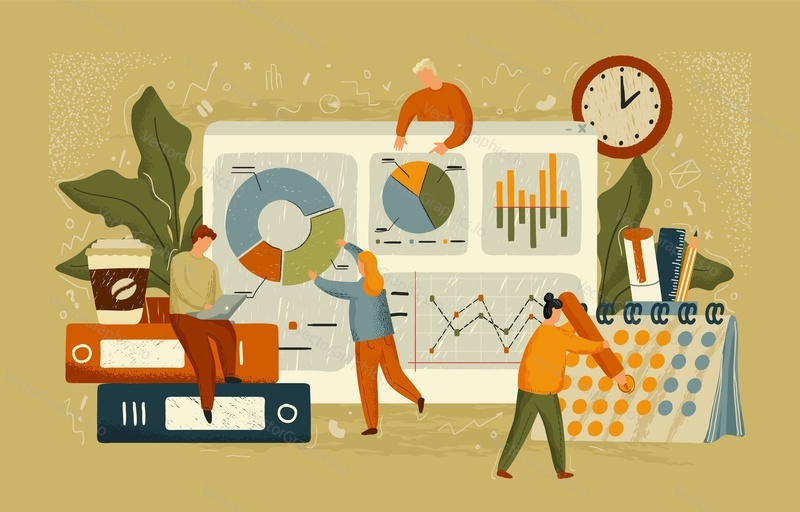 Business team work with dashboard concept vector illustration. Hand drawn data analytics posters. People work with data graph, finance reports. Business and office design.