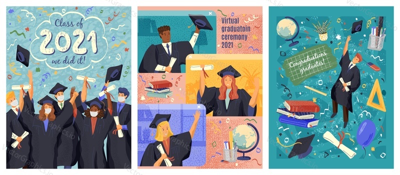 Students in face mask celebrate their graduation day. Students get their university degree certificate online by video call. Virtual graduate ceremony concept vector illustration.