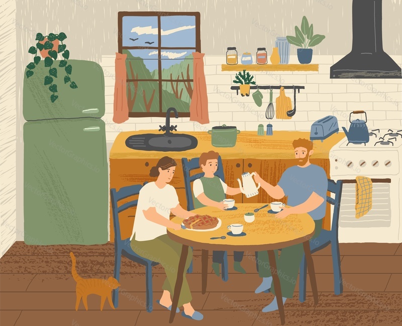 Šťastná rodina snídá doma v kuchyni. Moderní kuchyně interiér ručně kreslené vektorové ilustrace. Varná plocha s jídelním stolem ve skandinávském kresleném stylu. Útulný design hygge.