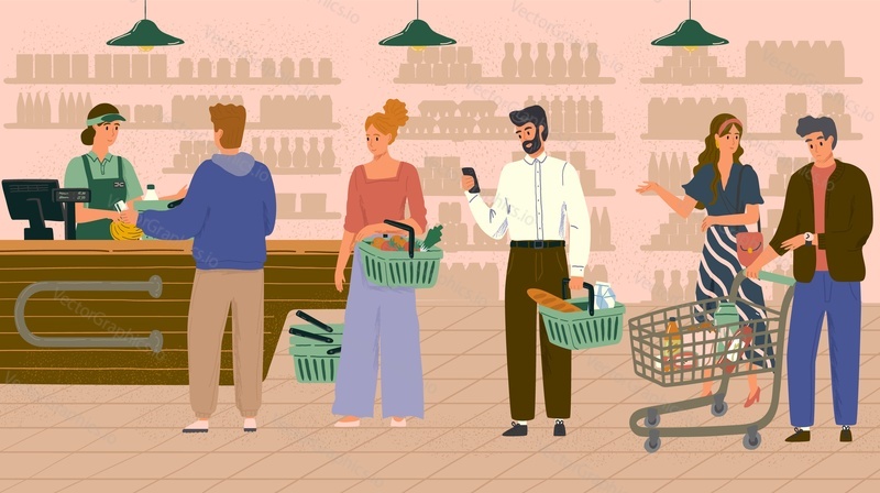 People in queue to cashier in grocery store or supermarket concept vector illustration. Customers buy fruits and vegetables. Woman with trolley waiting for checkout in grocery shop market.