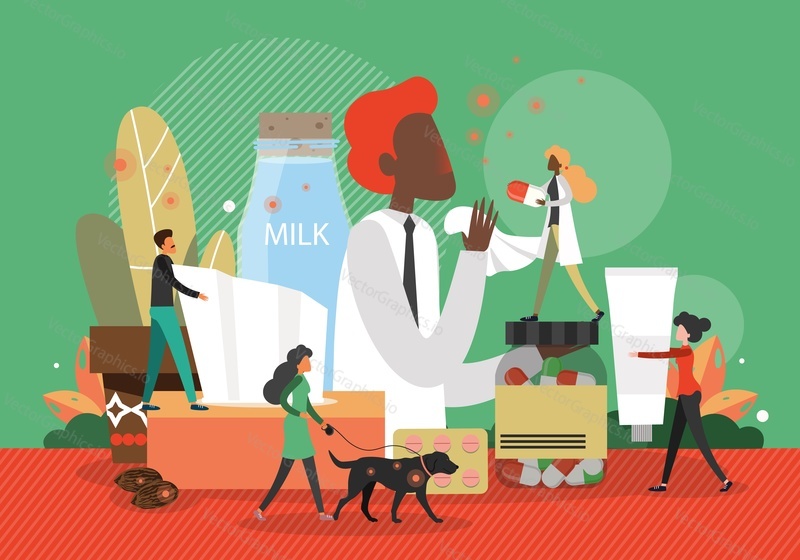 Sick patient with sneeze and cough, allergy symptoms visiting doctor, flat vector illustration. Lactose intolerant, allergic to pet dog hair characters. Medication treatment of food, pet allergy.