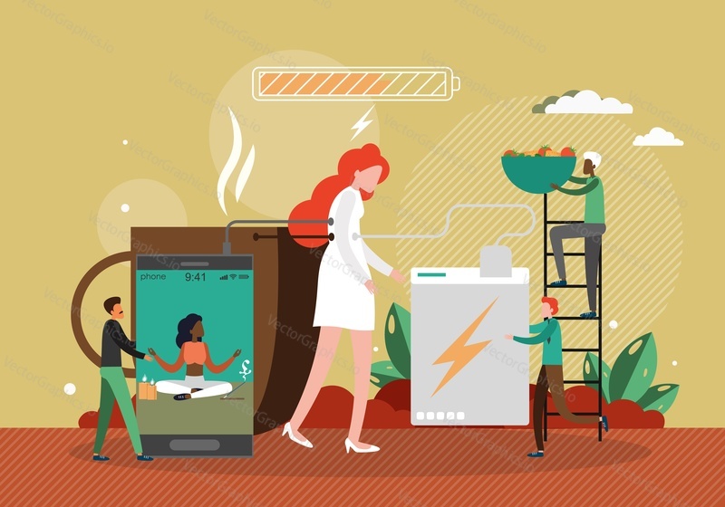 Exhausted woman being charged like battery with low energy, flat vector illustration. Physical emotional burnout. Lack of energy. Yoga, coffee, healthy diet, ways to fight fatigue and increase energy.