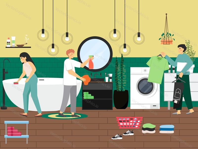Home cleaning scene, flat vector illustration. Professional cleaner worker characters doing housework. People cleaning bathroom and washing clothes. Housekeeping, laundry services.