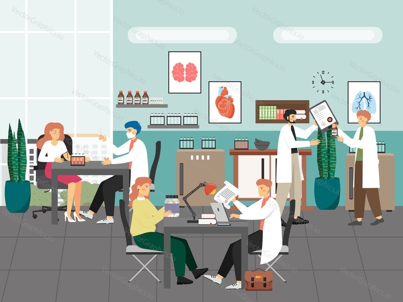 People in doctors office and in hospital lab scene set, flat vector illustration. Doctor therapist writing prescription. Blood test procedure in laboratory. Medical help. Diagnosis and treatment.