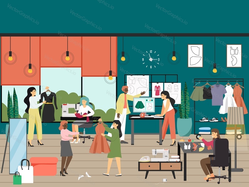 Atelier scene with dressmaker, fashion designer and customer characters, flat vector illustration. Seamstress working on sewing machine, tailor making sewing patterns. Tailoring workshop, studio.