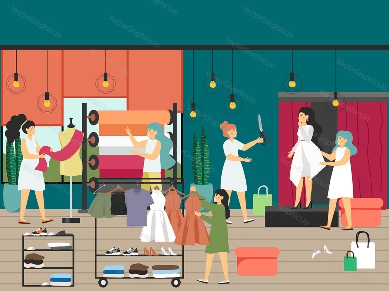 Ateliérová scéna se švadleny, módními designéry a zákazníky, plochá vektorová ilustrace. Ženské postavy si vybírají látku, snaží se o šaty. Šicí dílna, studio interiér. Krejčovství.