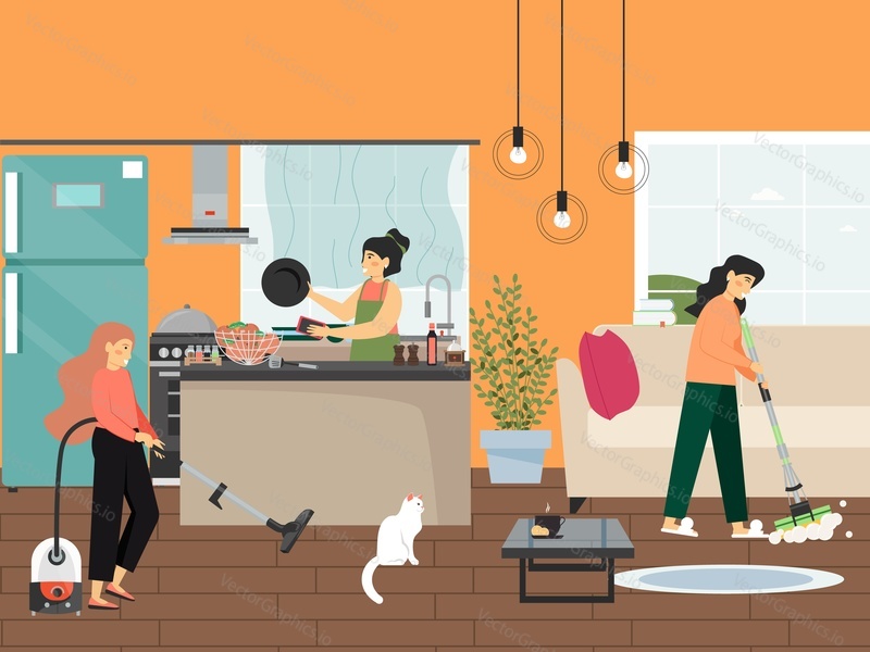 Home cleaning scene, flat vector illustration. Professional cleaner worker characters doing housework. People cleaning kitchen, vacuuming floor, washing dishes. Housekeeping and dishwashing services.