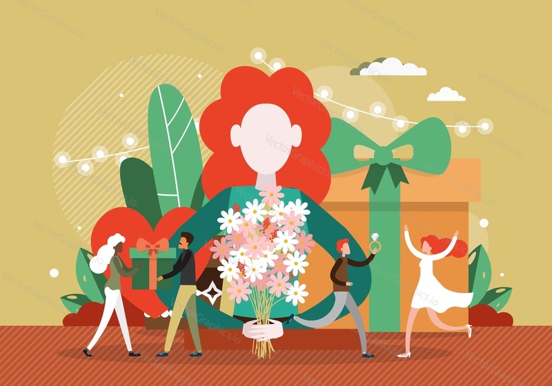8 March International Womens Day poster, banner template, flat vector illustration. Male characters congratulating happy women and giving them flowers and gifts.